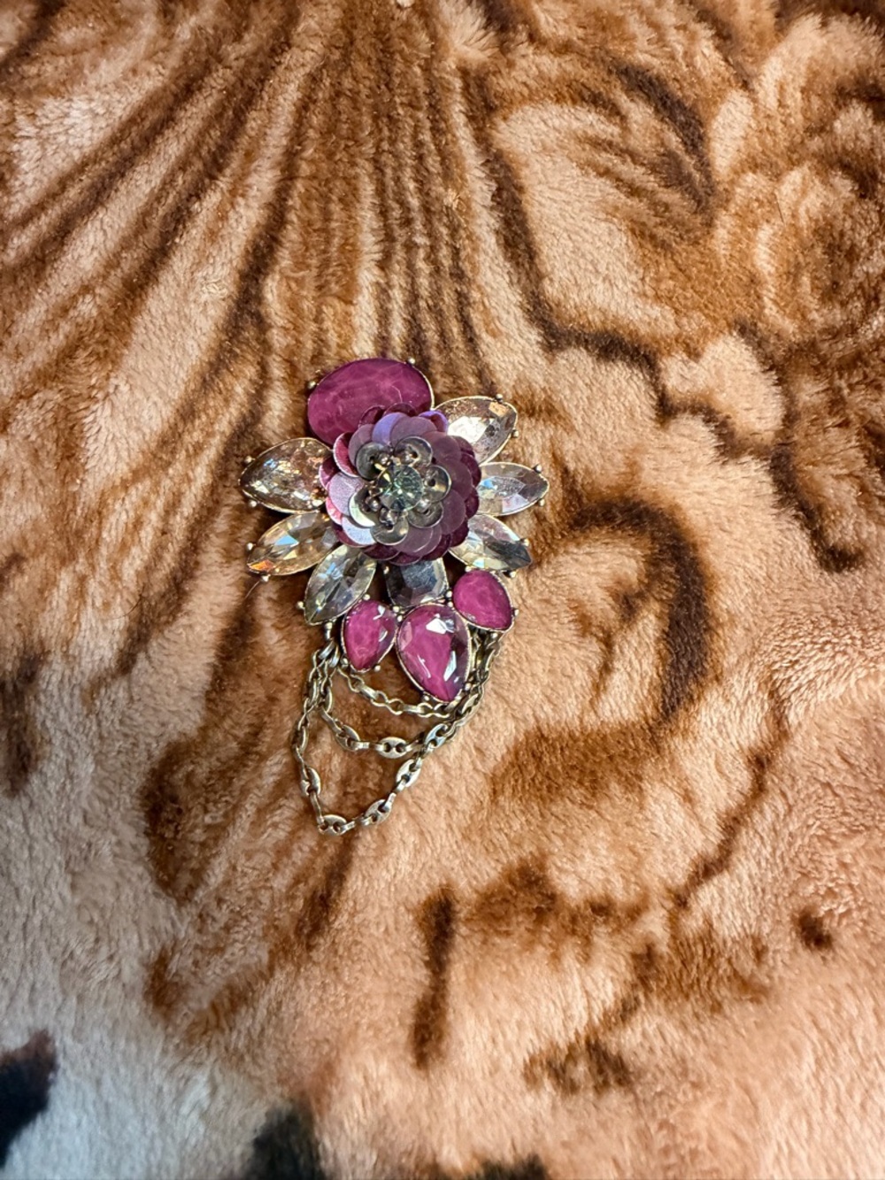 Floral Pink Crystal Statement Brooch with Gold Chains